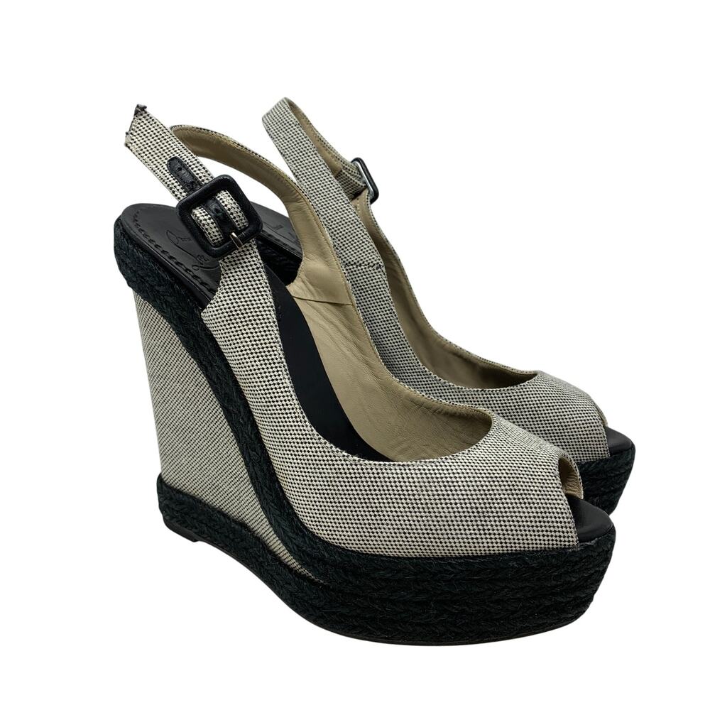 Christian Louboutin Peep Toe Espadrille Wedges Womens Apx Sz 37 US 7 Black White